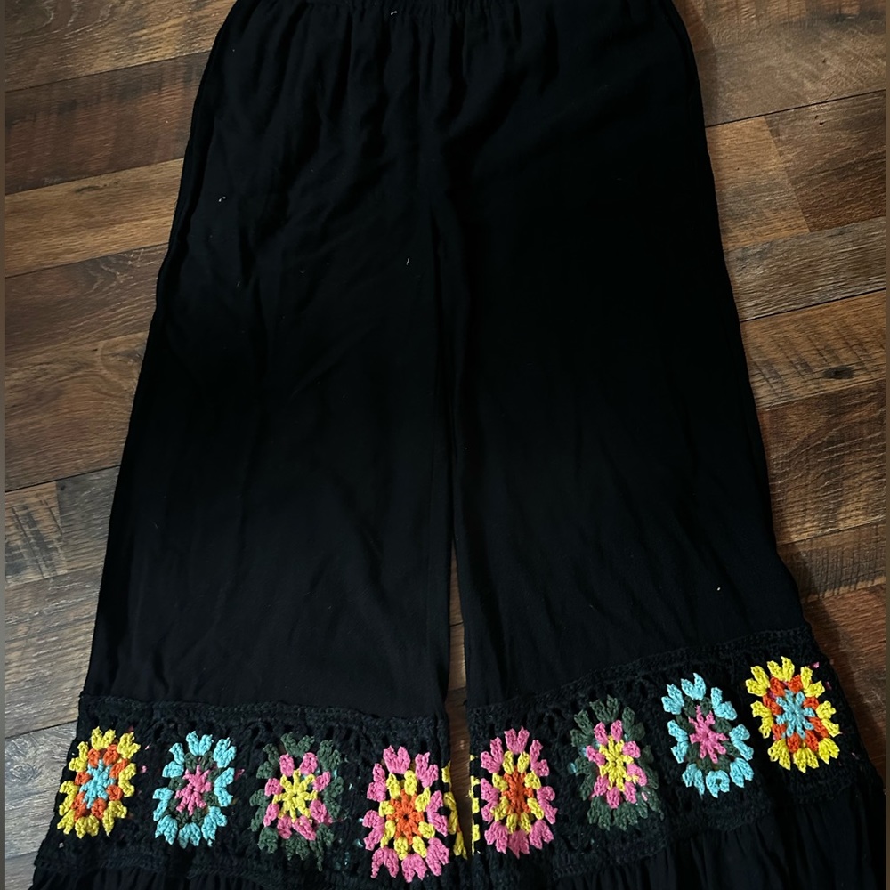 Floral Embroidered Black Pants